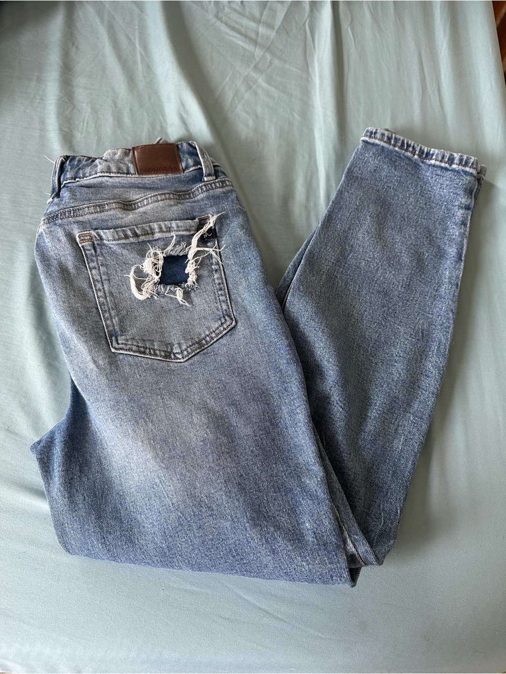 Light Wash Distressed Back Pocket Mom Jeans